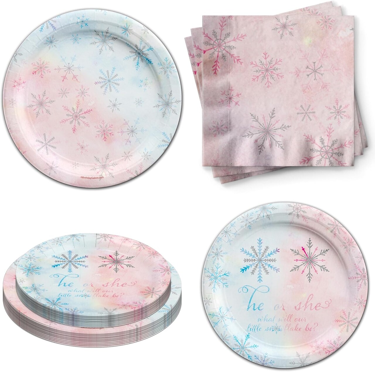Gender Reveal Party Supplies - Gender Reveal Plates - What Will the Little Snowflake Be? - Baby Shower Tableware Set Includes Plates Napkins | Kit for 24